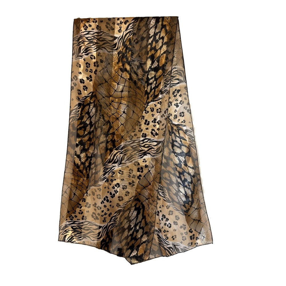 Vintage Black Gold Metallic Animal Print Scarf Sheer Zebra Leopard Cheetah Wrap